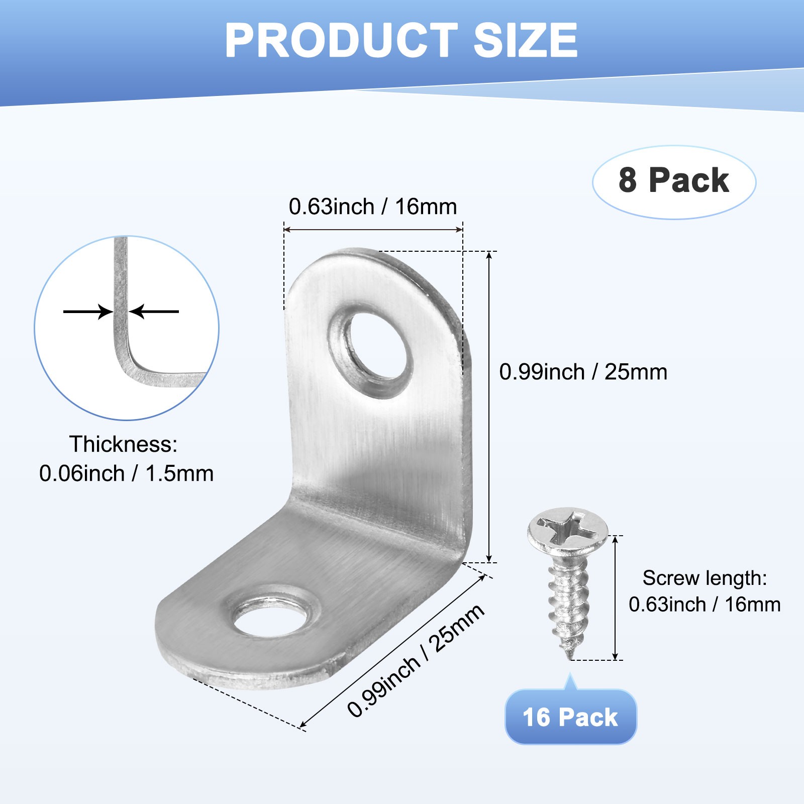 8-Pack L Bracket Corner Brace, 0.99×0.99×0.63 Inch Right Angle Bracket[Silver]