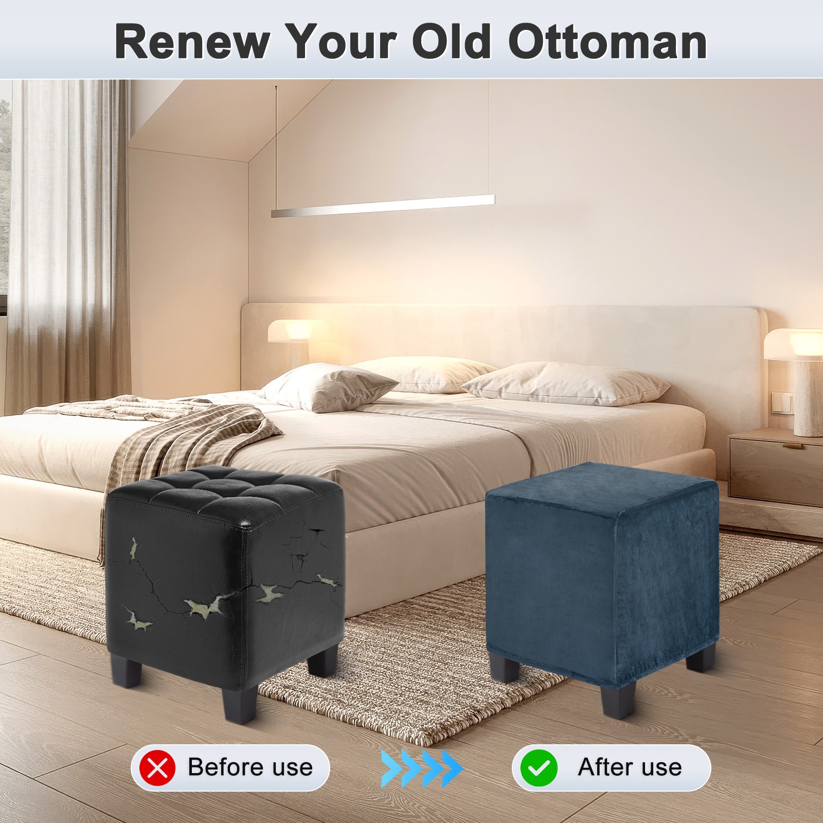 2-Pack 13″x13″x15″ Stretch Square Ottoman covers Footstool Protector Navy