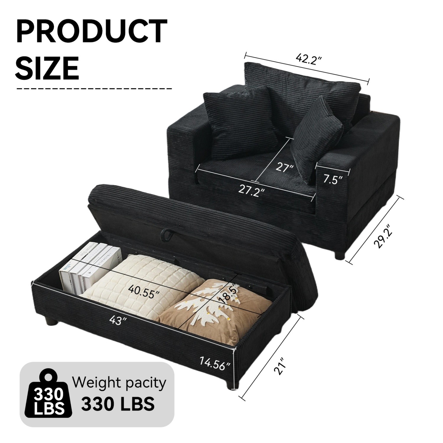Modern Upholstered Chaise Lounge Armchair with Storage Ottoman for Living Room