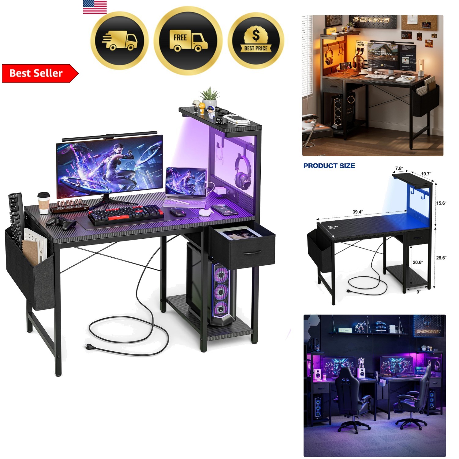 Gaming Desk 40 Inch with Power Outlet LED Light Storage Drawer Reversible She…