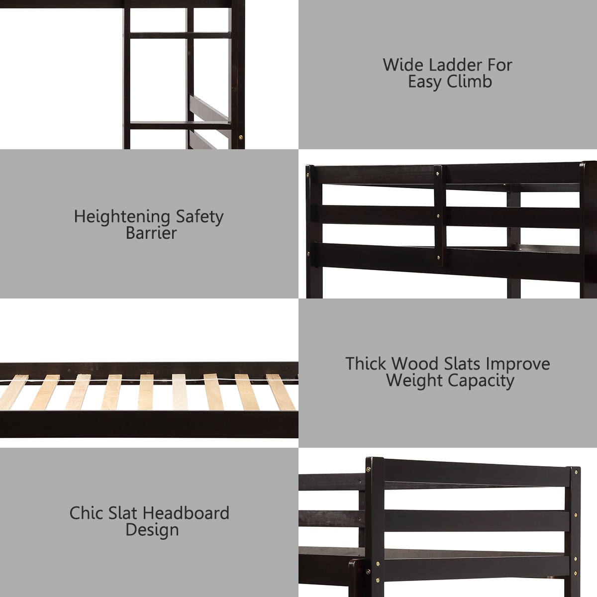 Twin Over Twin Wood Bunk Beds W/Ladder & Safety Rail Pine Wood Bunk Bed Espresso