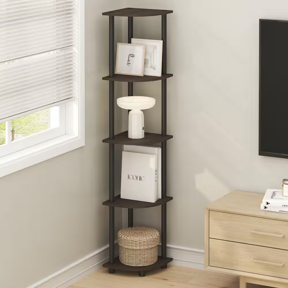 TURN-N-TUBE 57.7 In. Brown Grain/Black Wood 5-Shelf Corner Bookcase