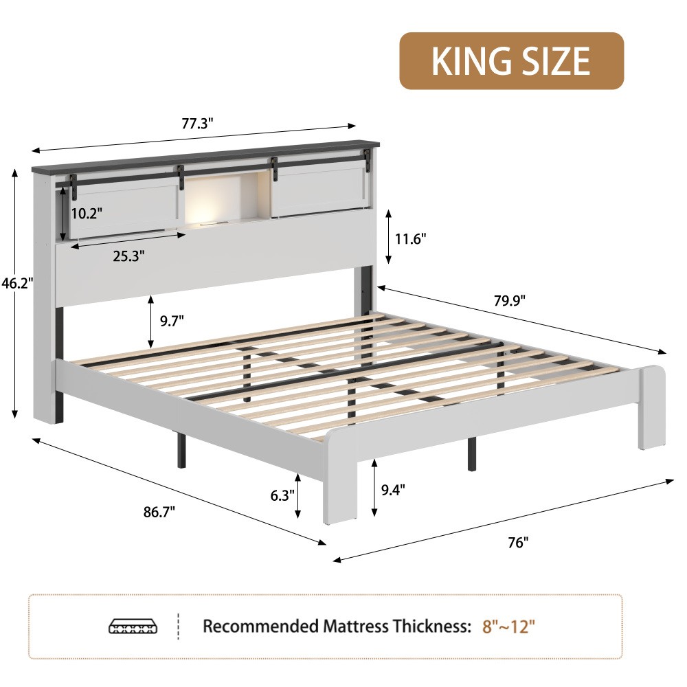 King size bed, metal bed frame with charging station, no need for box spring