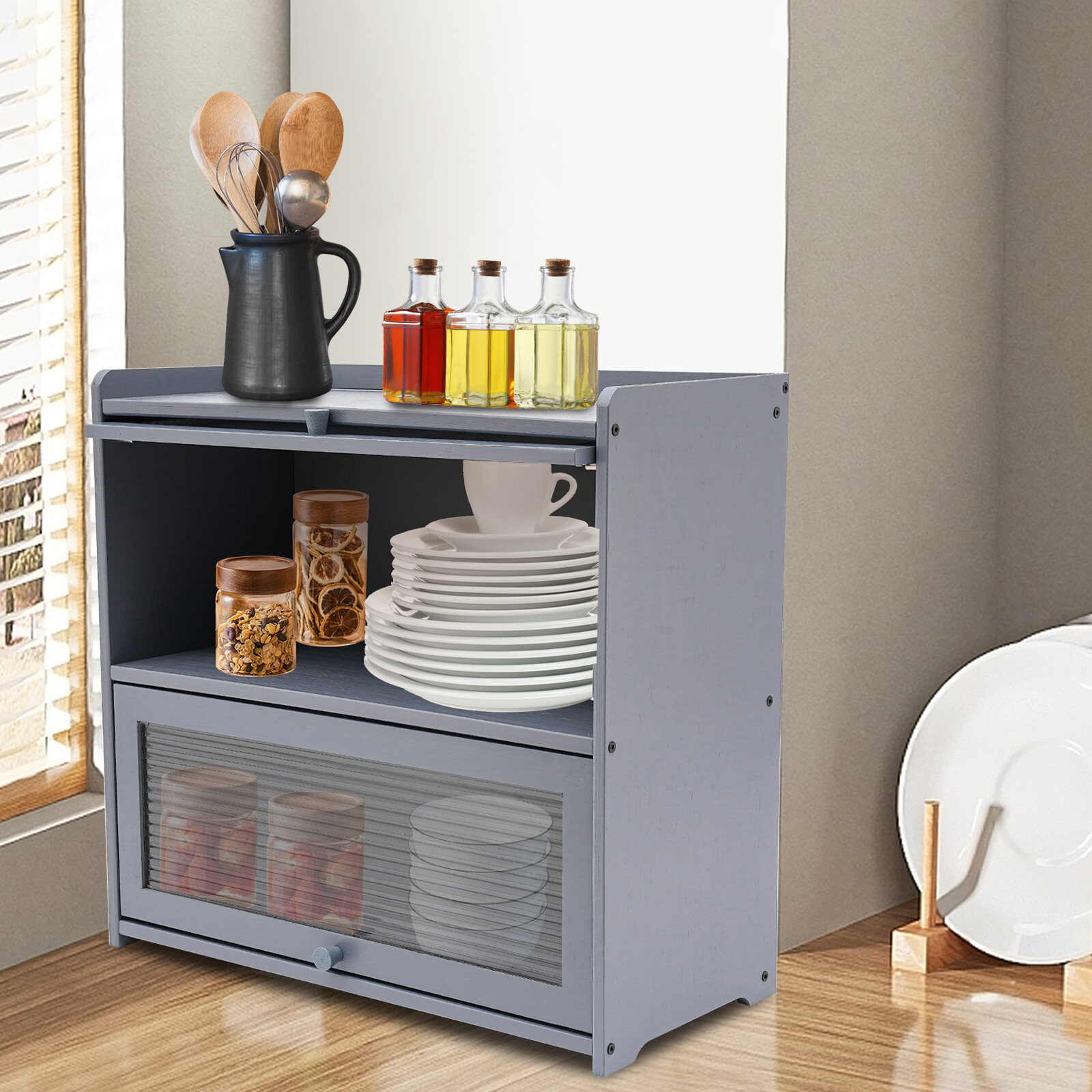 2-Tier Countertop Storage Cabinet w/Doors Cupboard Organizer for Kitchen Pantry