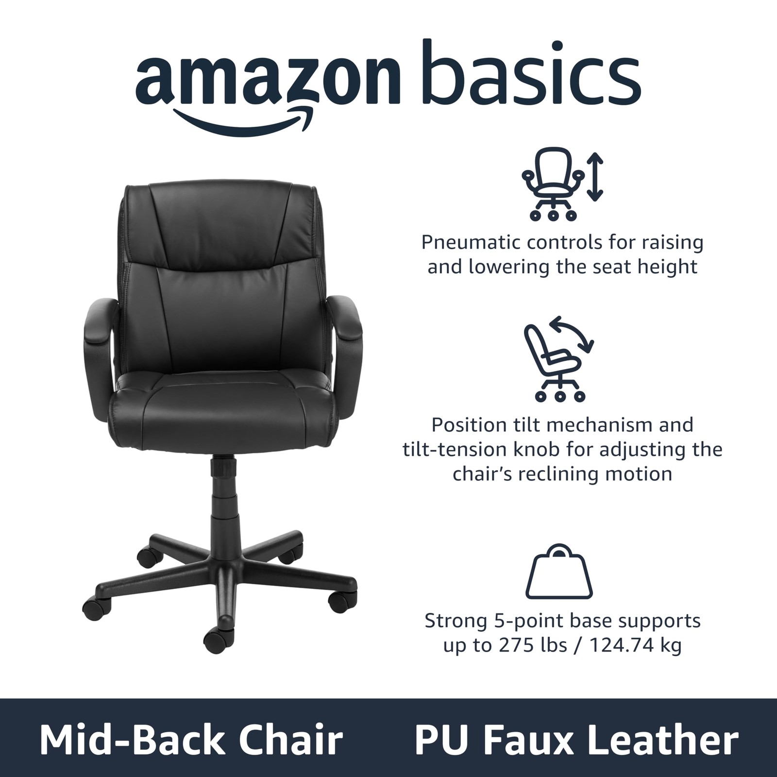 Amazon Basics Office Task Chair with Adjustable 24.2″D x 24″W x 38.6″H, Black