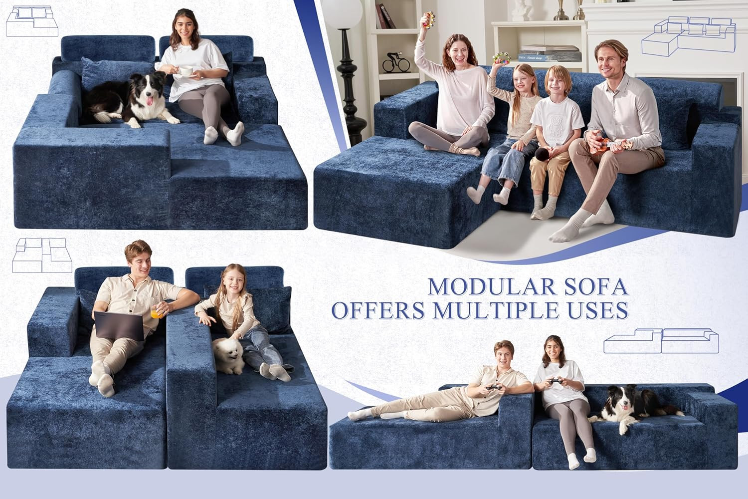 L-Shape Modular Sofa Couch, No Assembly, Deep Seat, Luxury Velvet, Blue