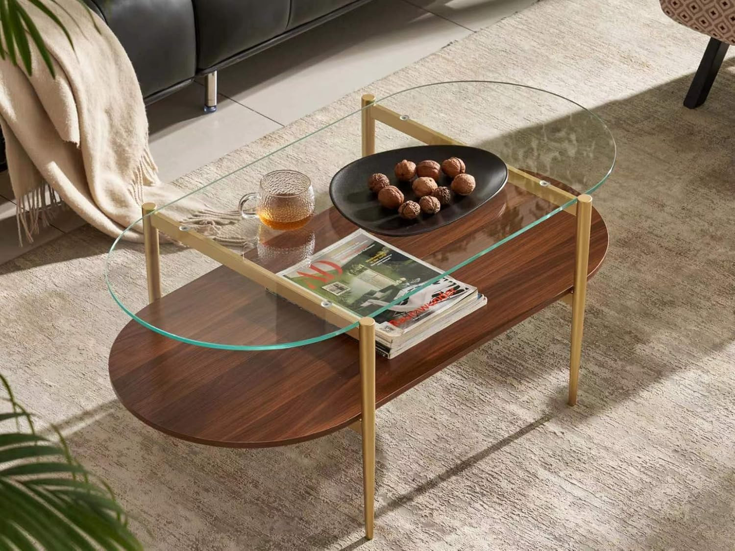Oval Coffee Table, Mid-Century Modern Design, 2-Tier Structure, Clear Glass Top