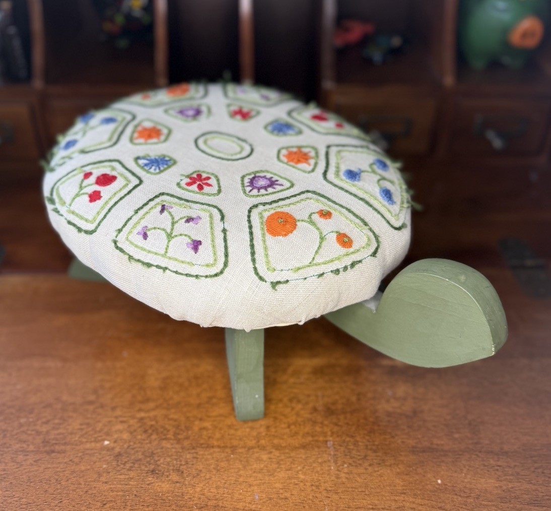 VTG Handmade Turtle Footstool – Embroidered Top – Green Wood Base – Folk Art