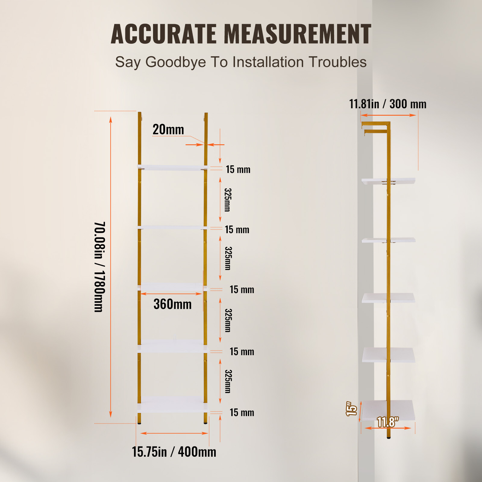 VEVOR Industrial Square Pipe Shelf 5 Tier 15.6×11.8in Wall-Mount Gold White