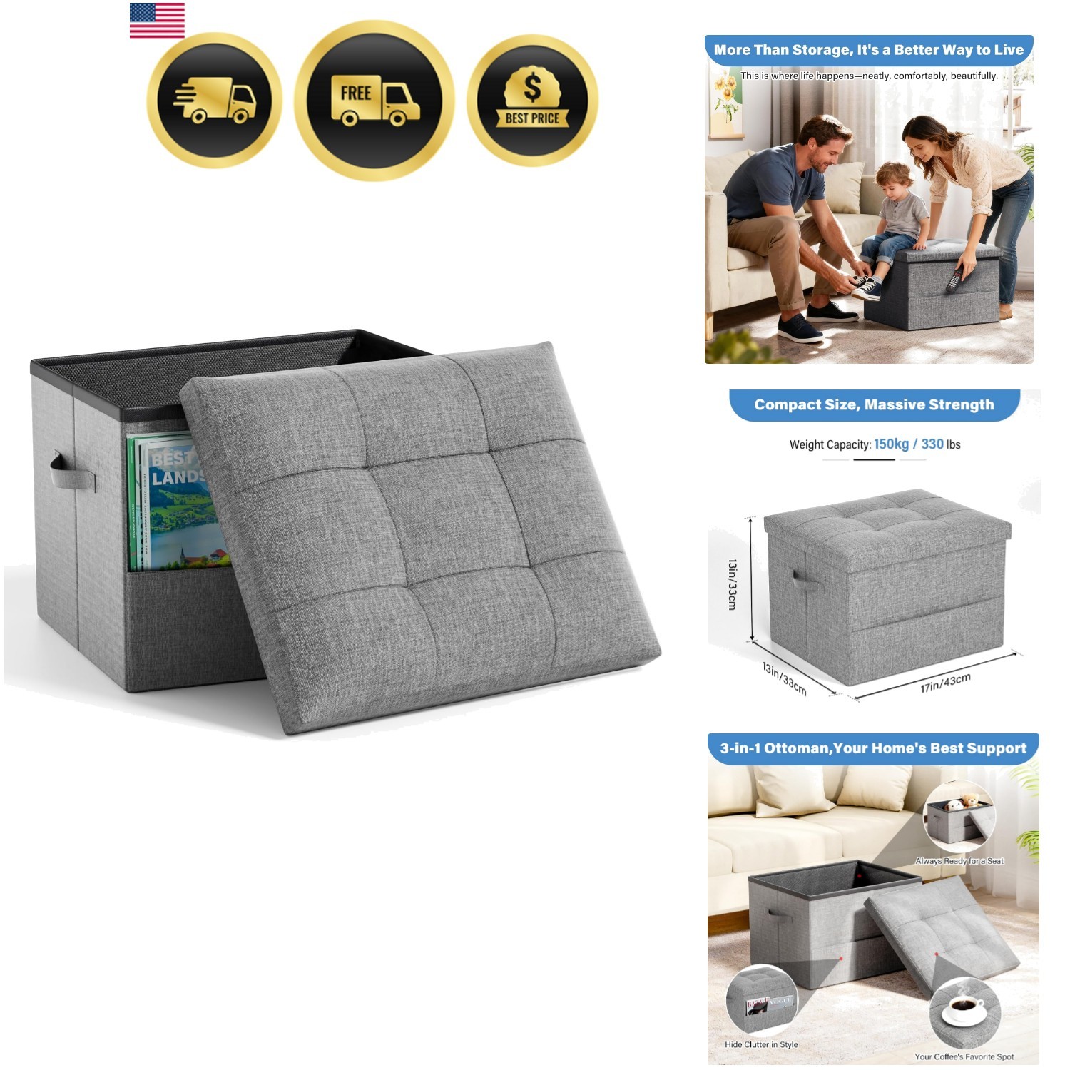Storage Ottoman Foot Rest Stool, Holds Up to 350lbs, 43L, Foldable | Small Ot…