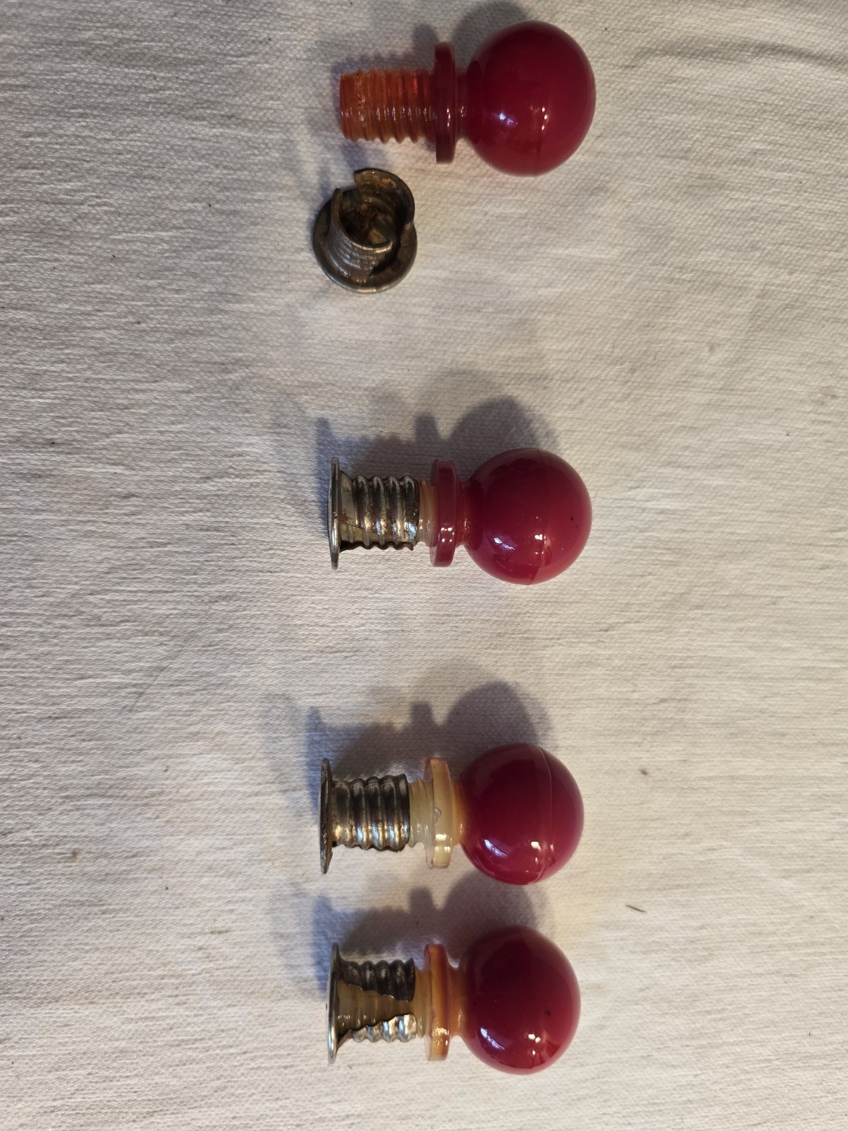 VINTAGE RED GLASS HOOSIER STYLE THREADED KNOB PULL SINGLE DRAWER W/SLEEVE