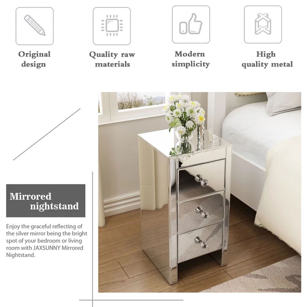 Mirrored Glass Nightstand Bedside Table Home Storage Sofa End Side Table