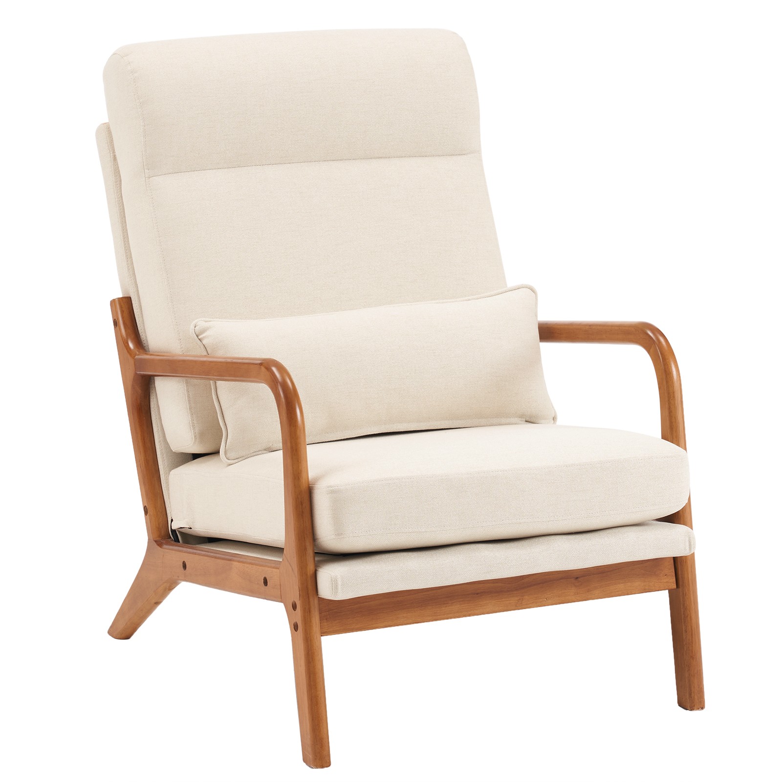 High Back Solid Wood Armrest Backrest Iron Frame Linen Indoor Leisure Chair Off