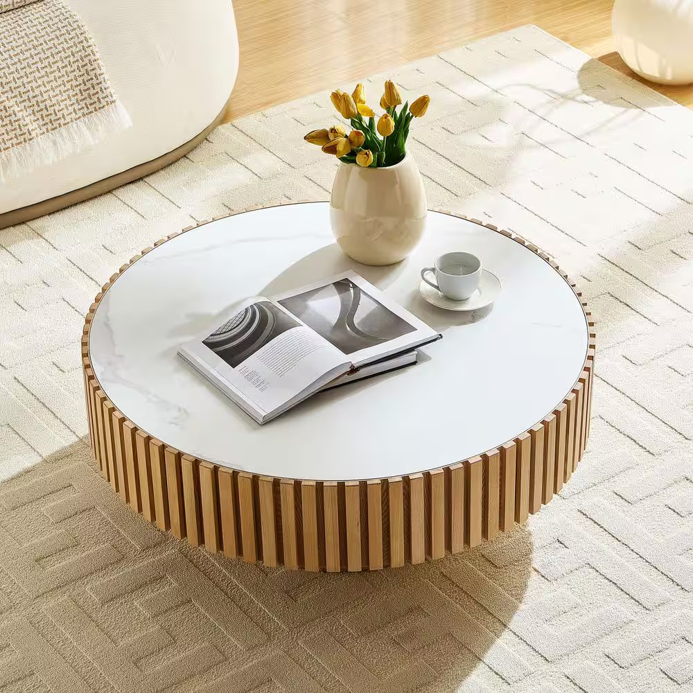 Grace Modern 35.43 In. Oak round Drum Sintered Stone Top Coffee Table