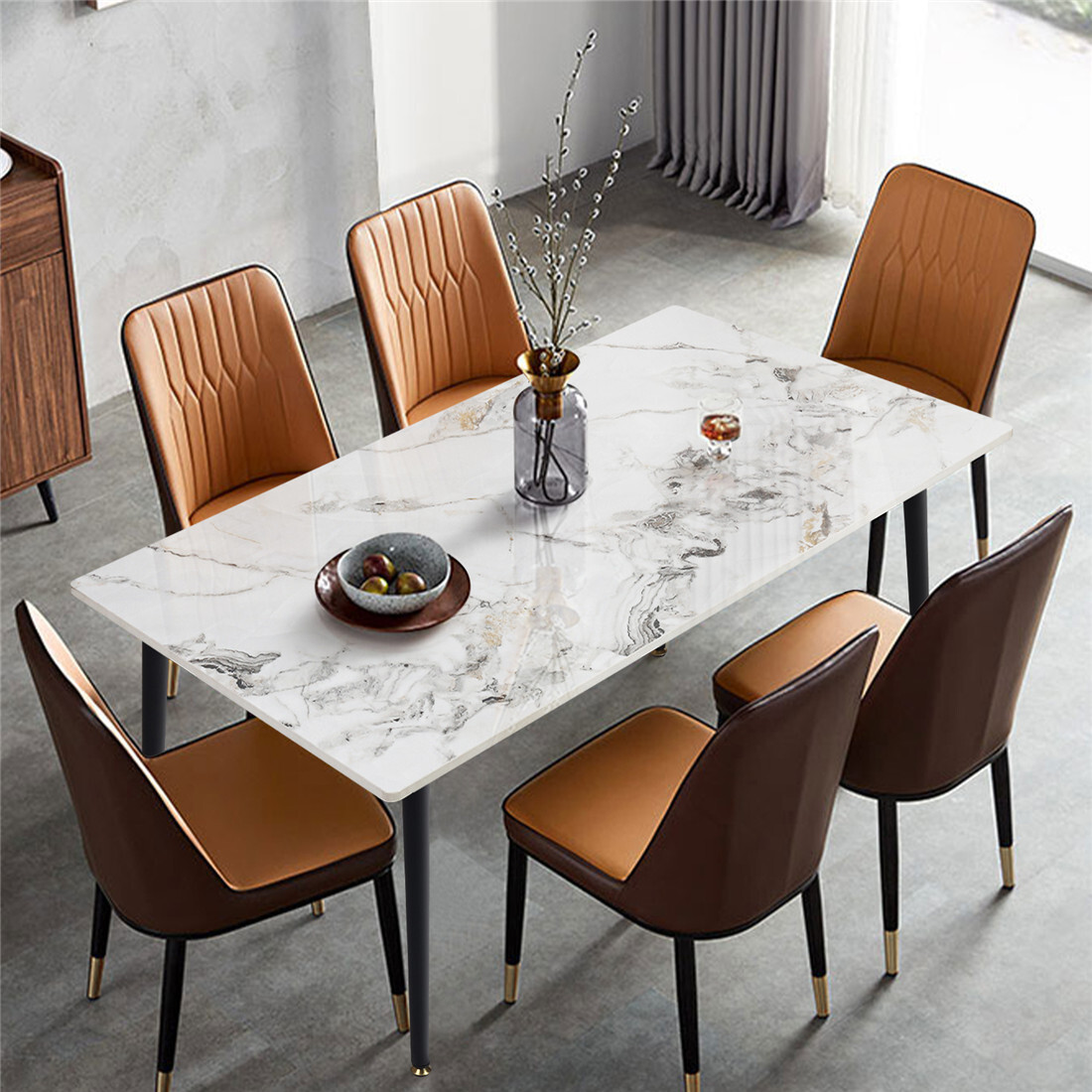 4 Design Marble Texture Slate Kitchen Dining Table Sintered Stone Top &Metal Leg