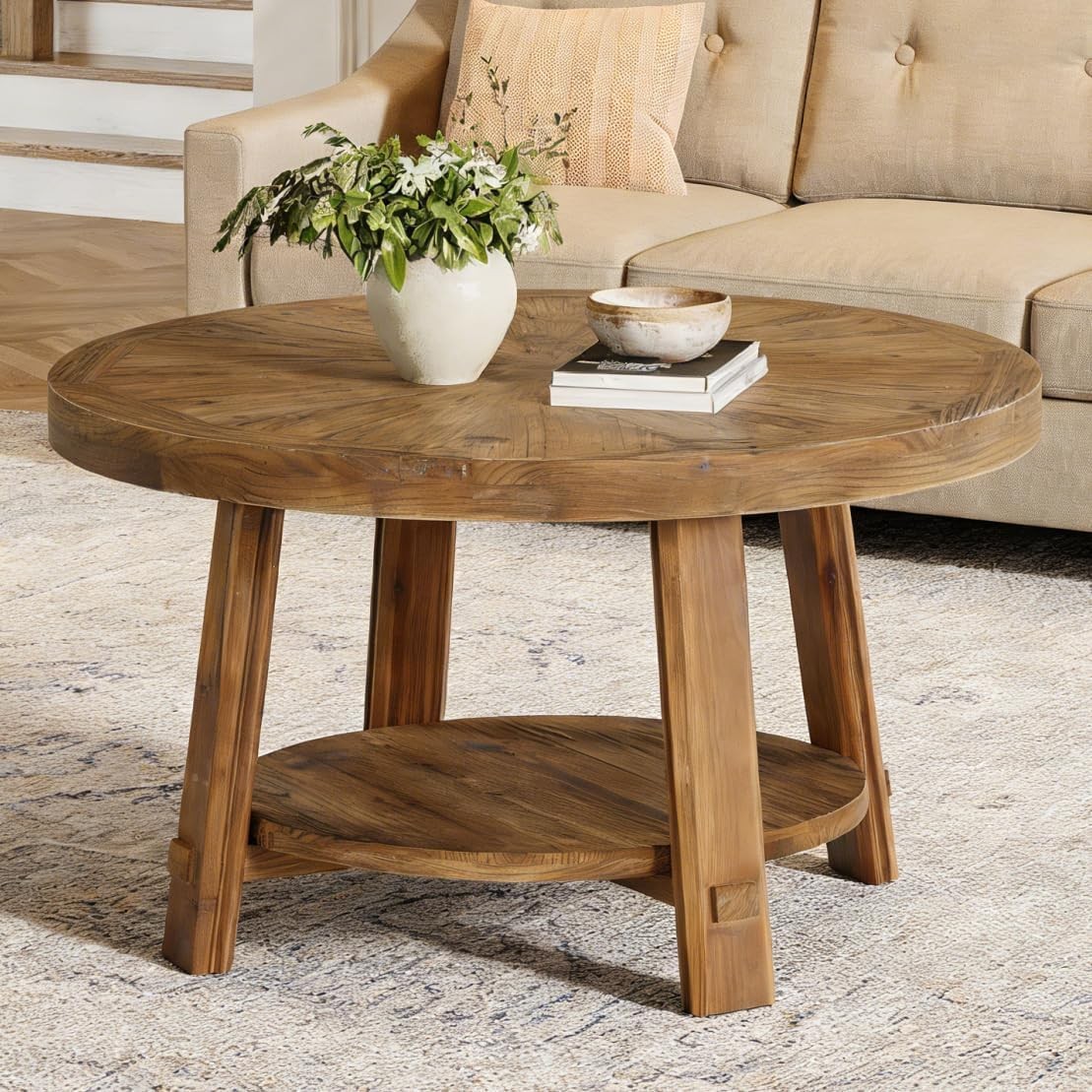 Solid Wood Round Coffee Table, 2-Tier Farmhouse Center Table for Living Room