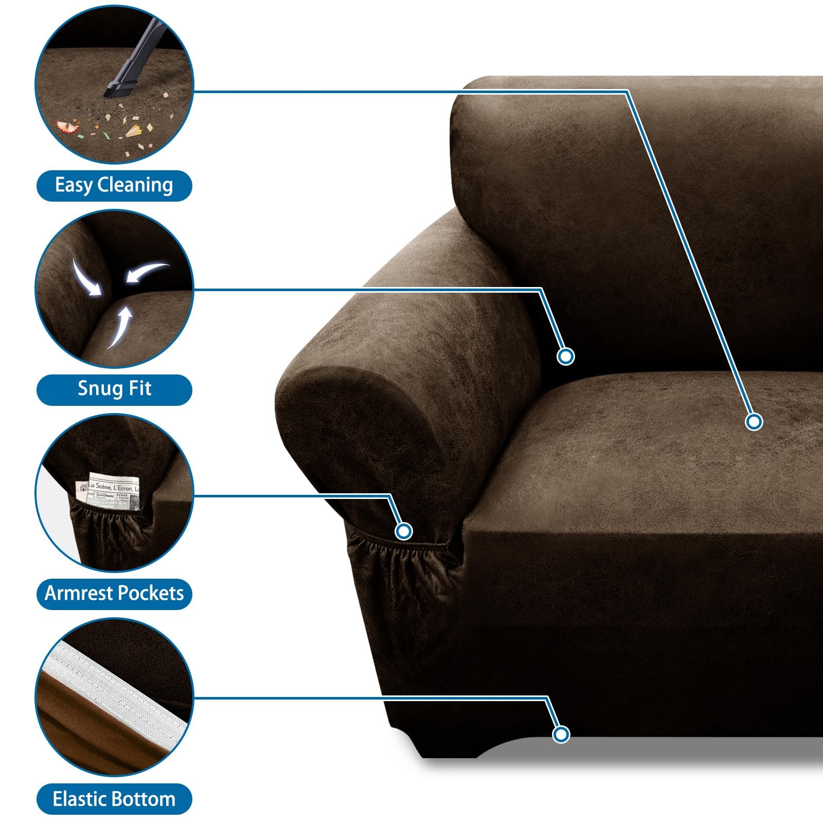3 Seater Stretch Slipcover, Sofa Protector Leather Look, Brown
