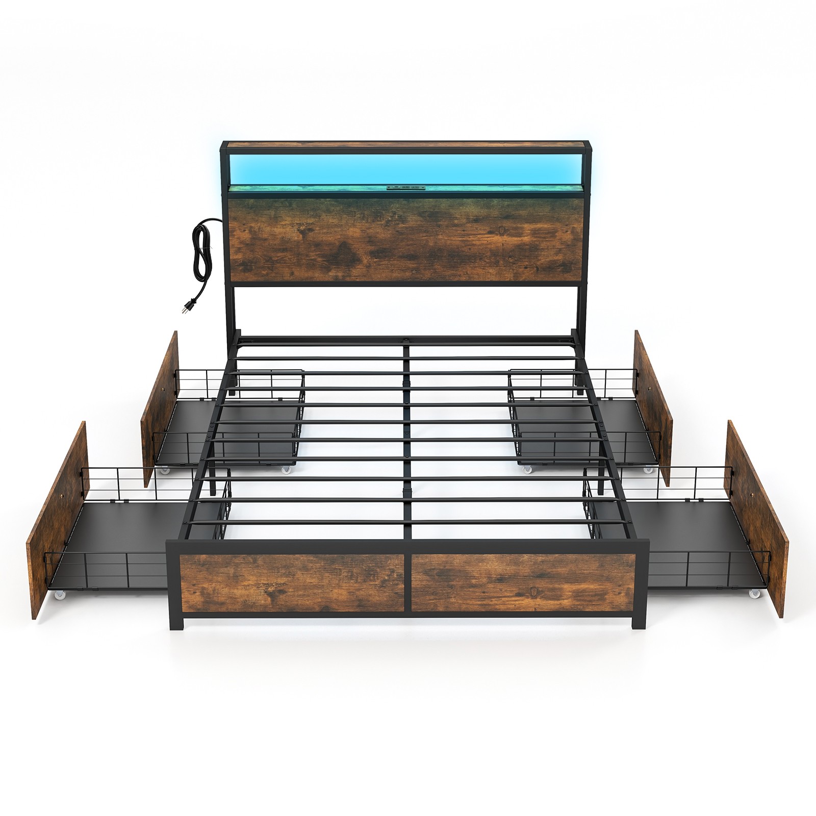 Full Industrial Platform Bed Frame with Storage Drawers & LED Lights Headboard