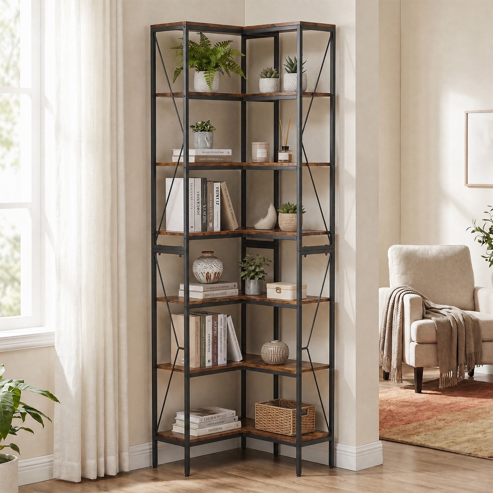 Transform Empty Corners! 7-Tier L-Shaped Bookshelf Industrial Rack For