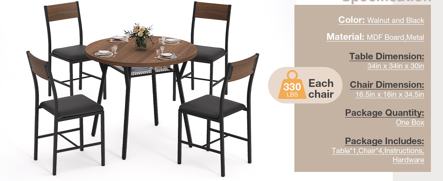 Round Dining Table Set for 4, Kitchen Table and Chairs for 4, Dining Room Circle