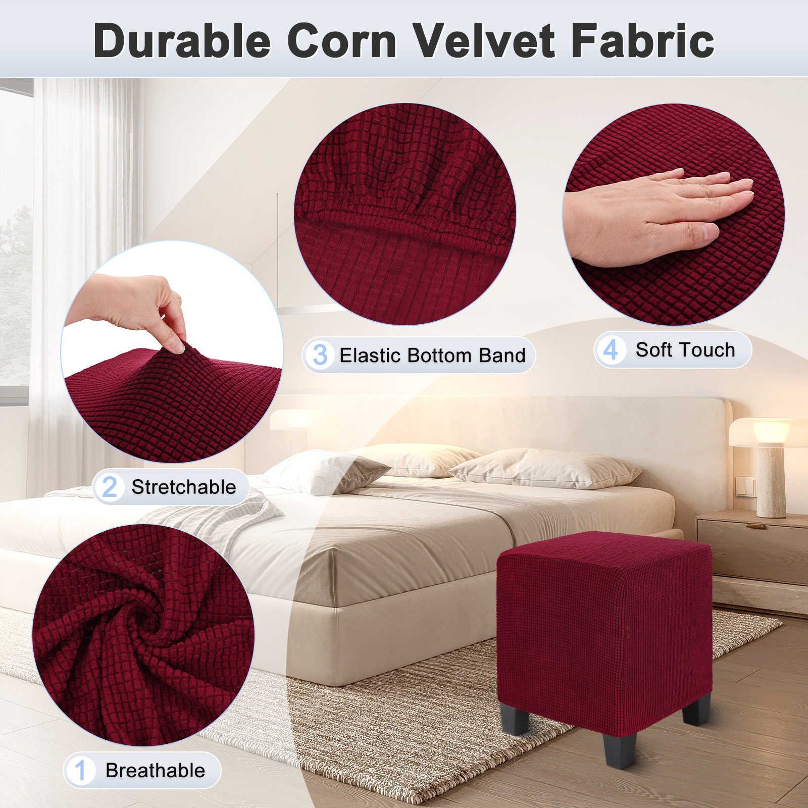 1-Pack 13″x13″x15″ Stretch Square Ottoman Slipcovers Footstool Protector Wine
