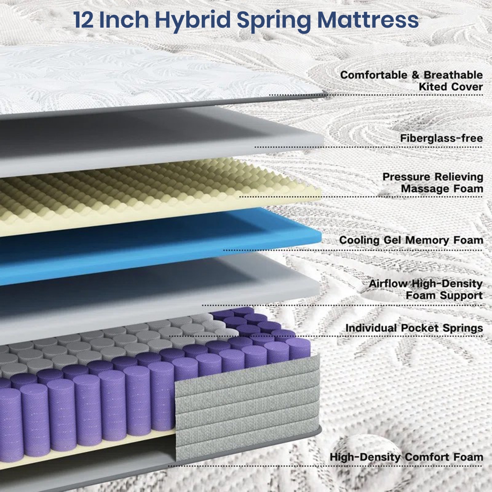 King Mattress 12″ Medium Firm Hybrid Spring Mattress in a Box Gel Memory Foam