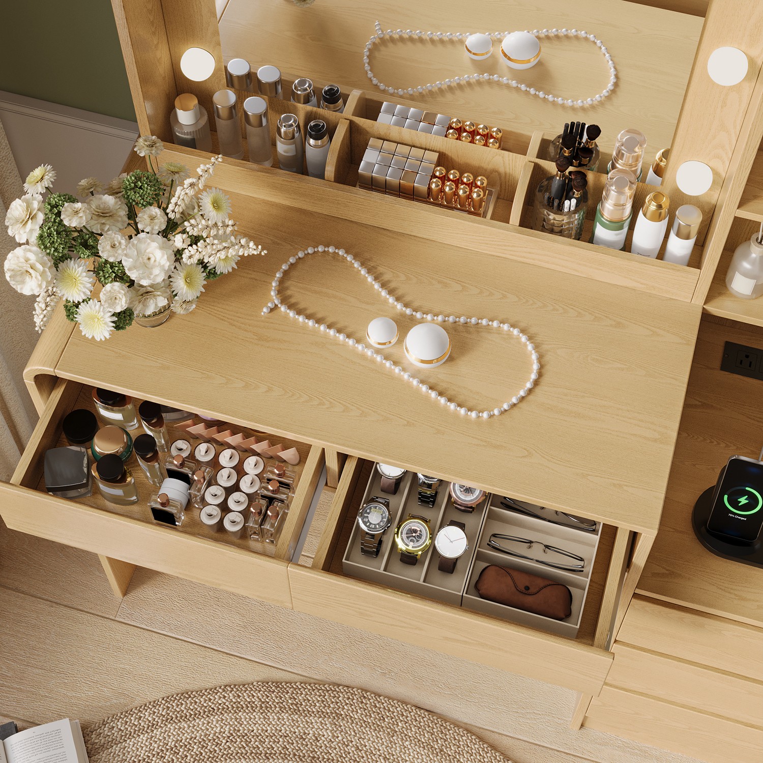 Vanity Desk w/ Mirror and Lights, Makeup Vanity Table w/ Large 5 Drawers