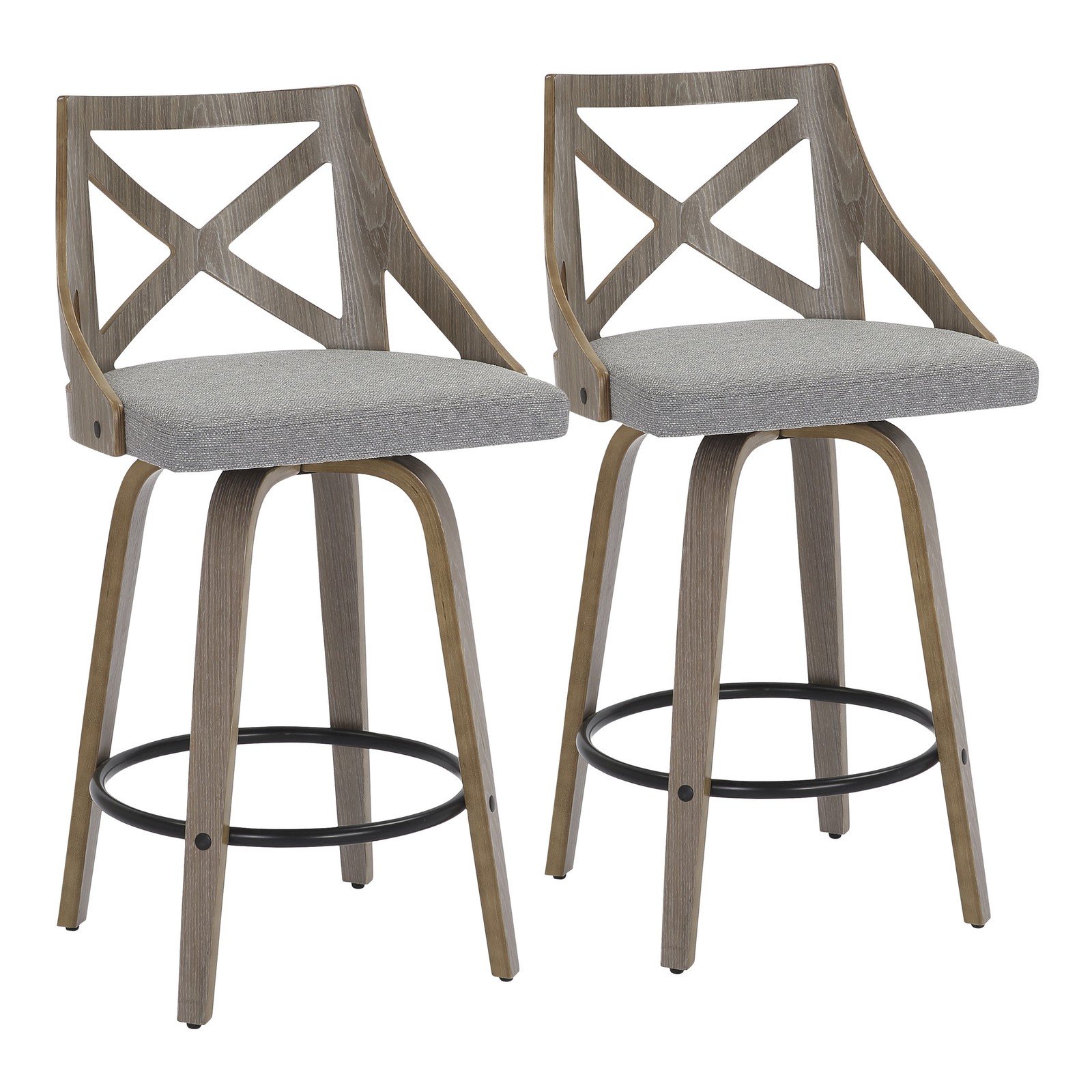 Light Grey Wood & Grey Fabric Fixed Height Counter Stool Set of 2
