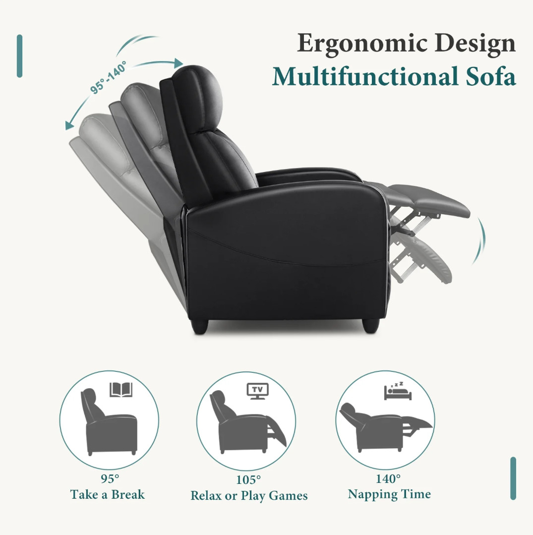 SMUG Black Single Sofa Comfortable Recliner Adjustable Reclining for Lounge
