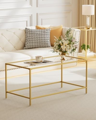 Glass Coffee Table, Modern Rectangular Coffee 39.4 x 19.7 x 17.7 Inches Golden