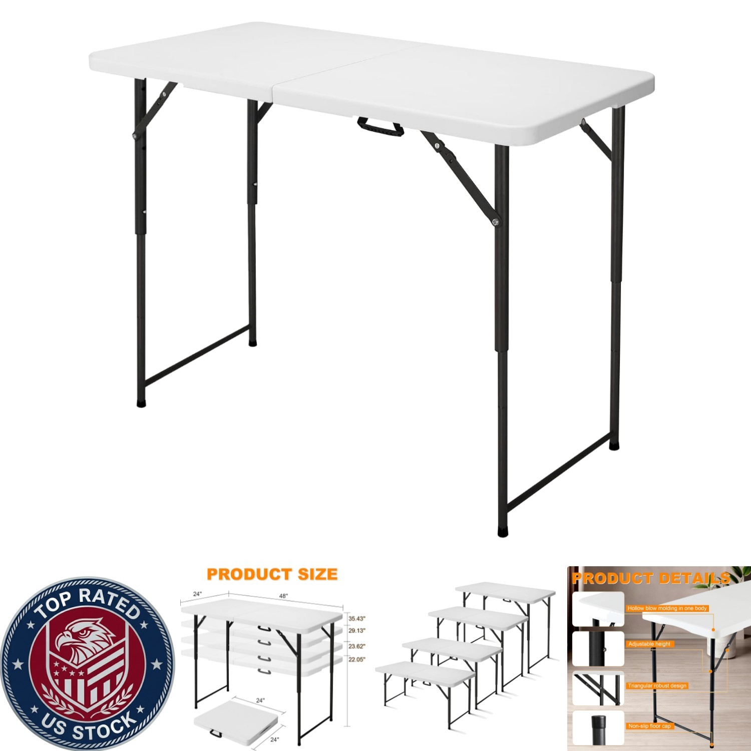 Durable 4ft Folding Table with Adjustable Height for Multi-Purpose Use – White