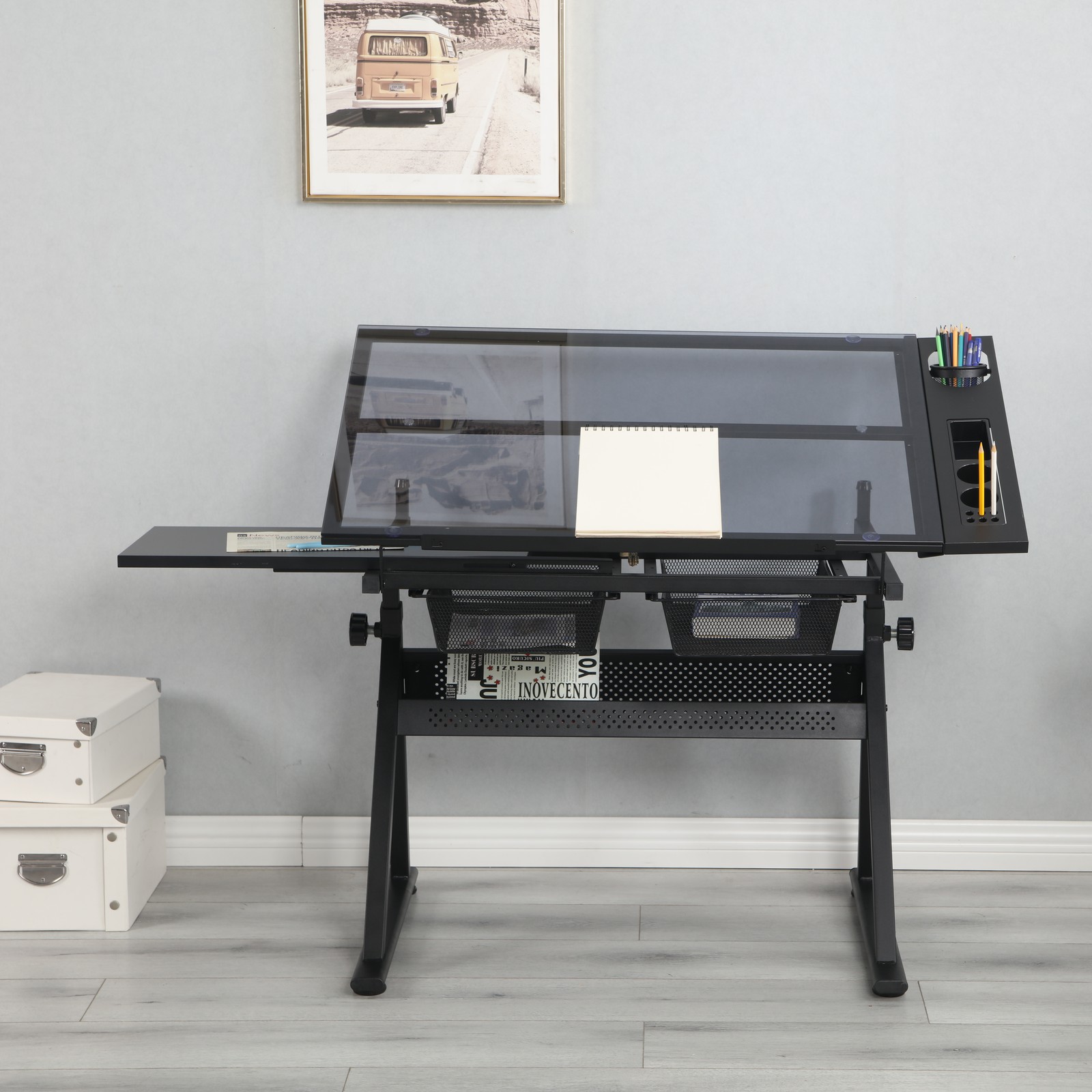 Black Adjustable Tempered Glass Drafting Table with Chair, Drawing Desk Set