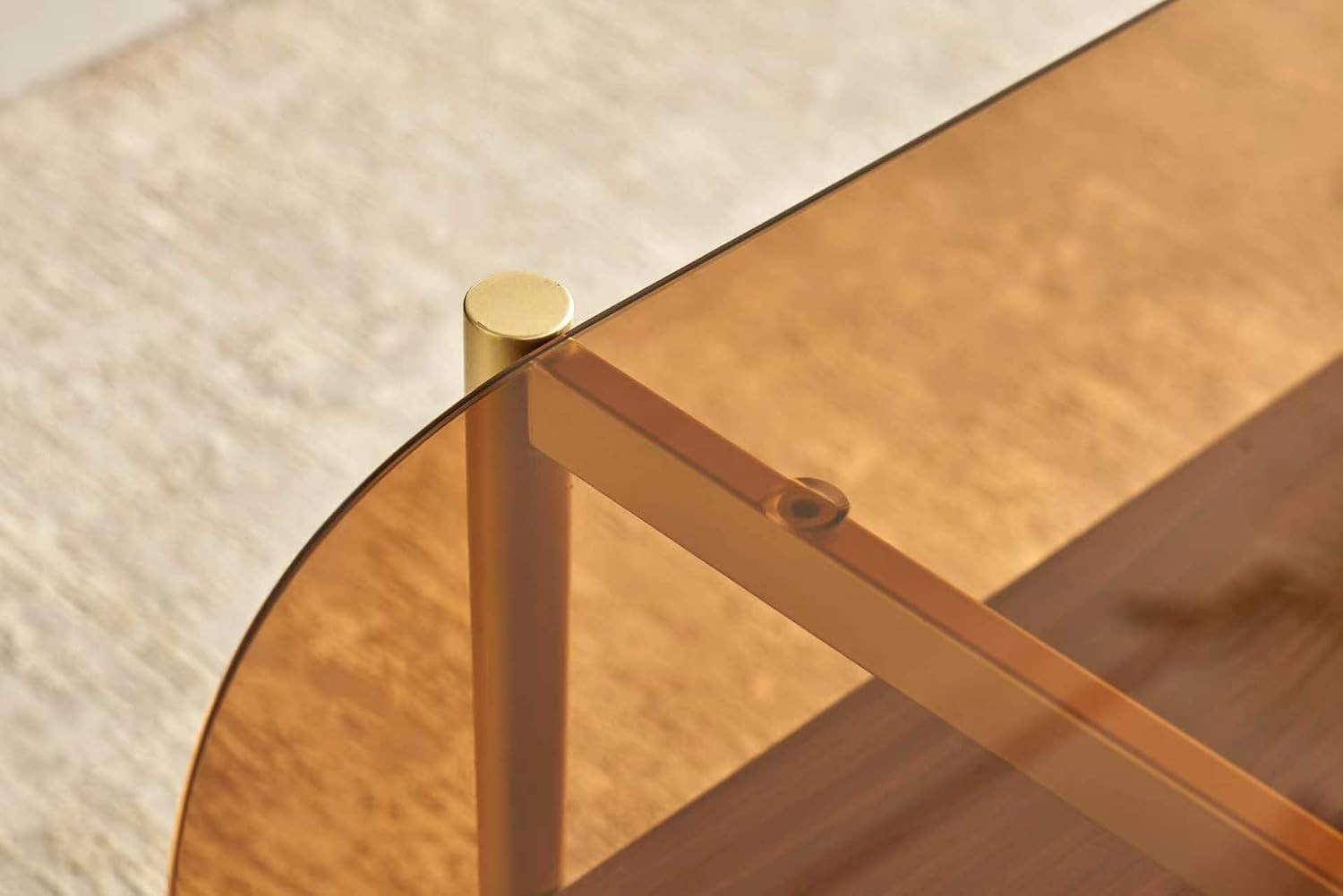 Oval Coffee Table, Mid-Century Modern Design, 2-Tier Structure, Amber Glass Top