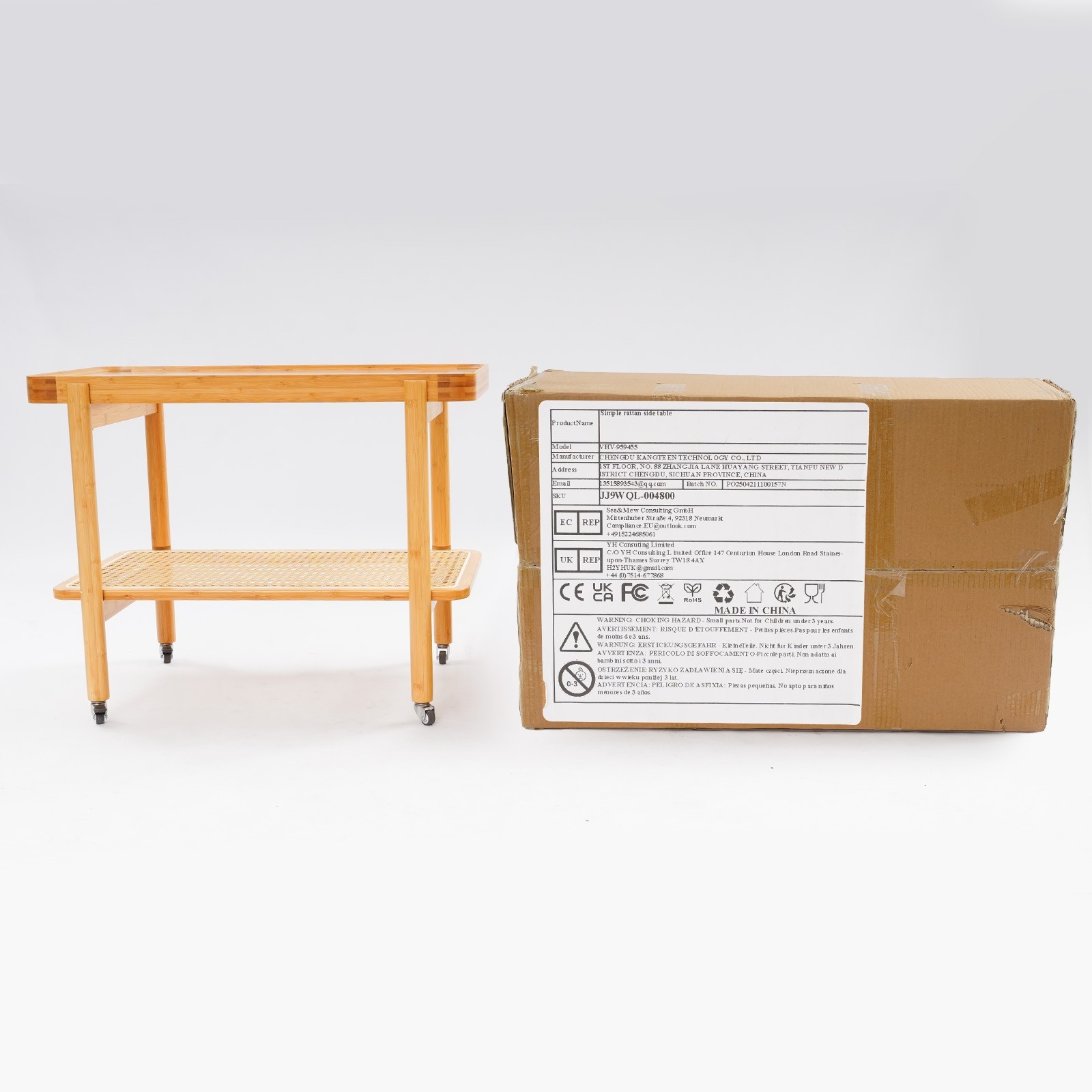Tempered Glass, Resin, Bamboo Coffee Table with Wheels, 2 Shelves Sofa Table