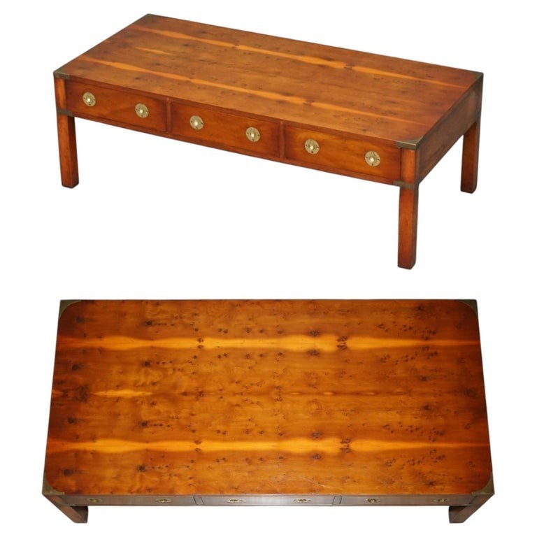RESTORED BRADLEY FURNITURE ENGLAND BURR YEW WOOD MILITARY CAMPAIGN COFFEE TABLE