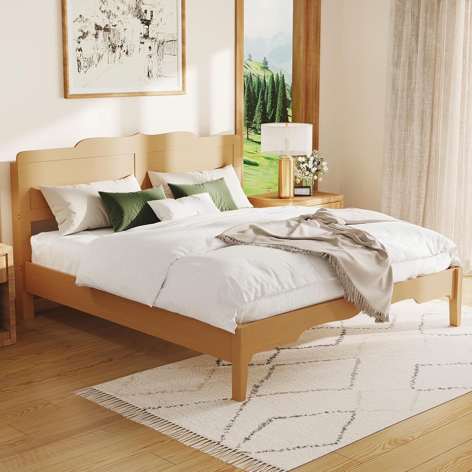 Queen Bed Frame with 47” Headboard, Wooden Japanese Platform Bed with Wood