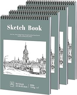 4 Pack Sketch Book, 9 x 12 Inch Sketchbook, 68lb/100gsm Top Spiral Bound Sketch