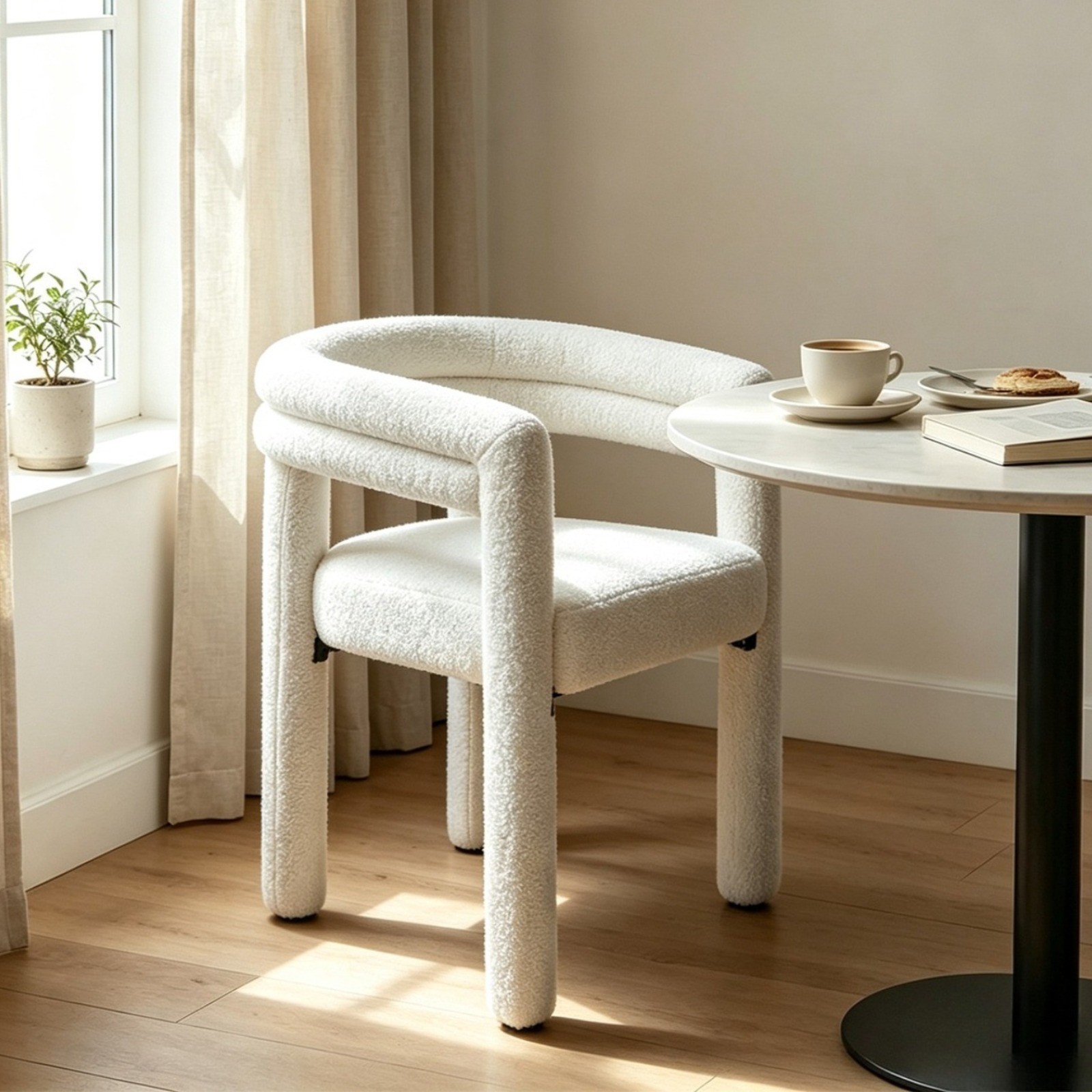1Pc Boucle Fabric Curved Barrel Dining Chair,White Accent Armchair,Zero‑Assembly