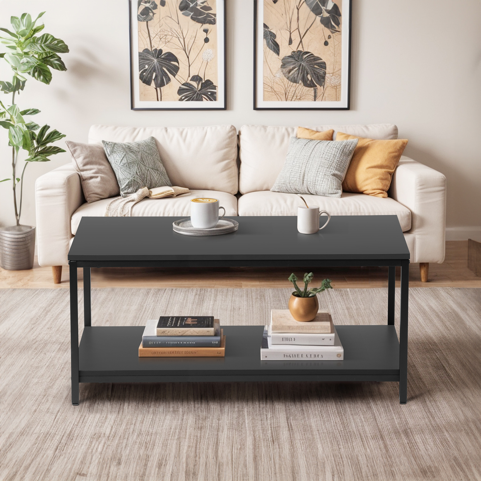 Black Wood Coffee Table Rectangular Coffee Table with Storage Shelf Durable 39″