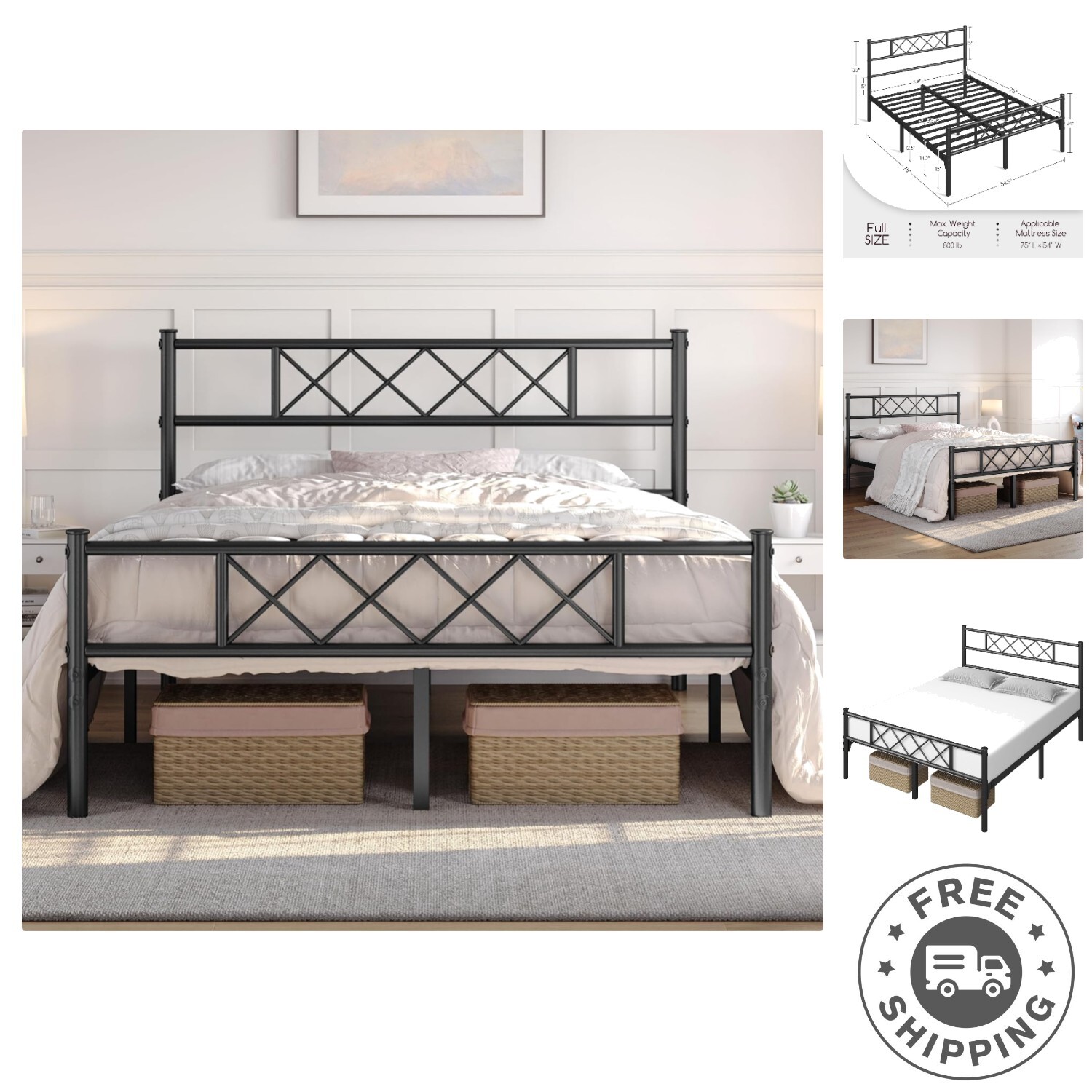 Elegant Full Metal Platform Bed with Squeak Resistant Design & Storage Space