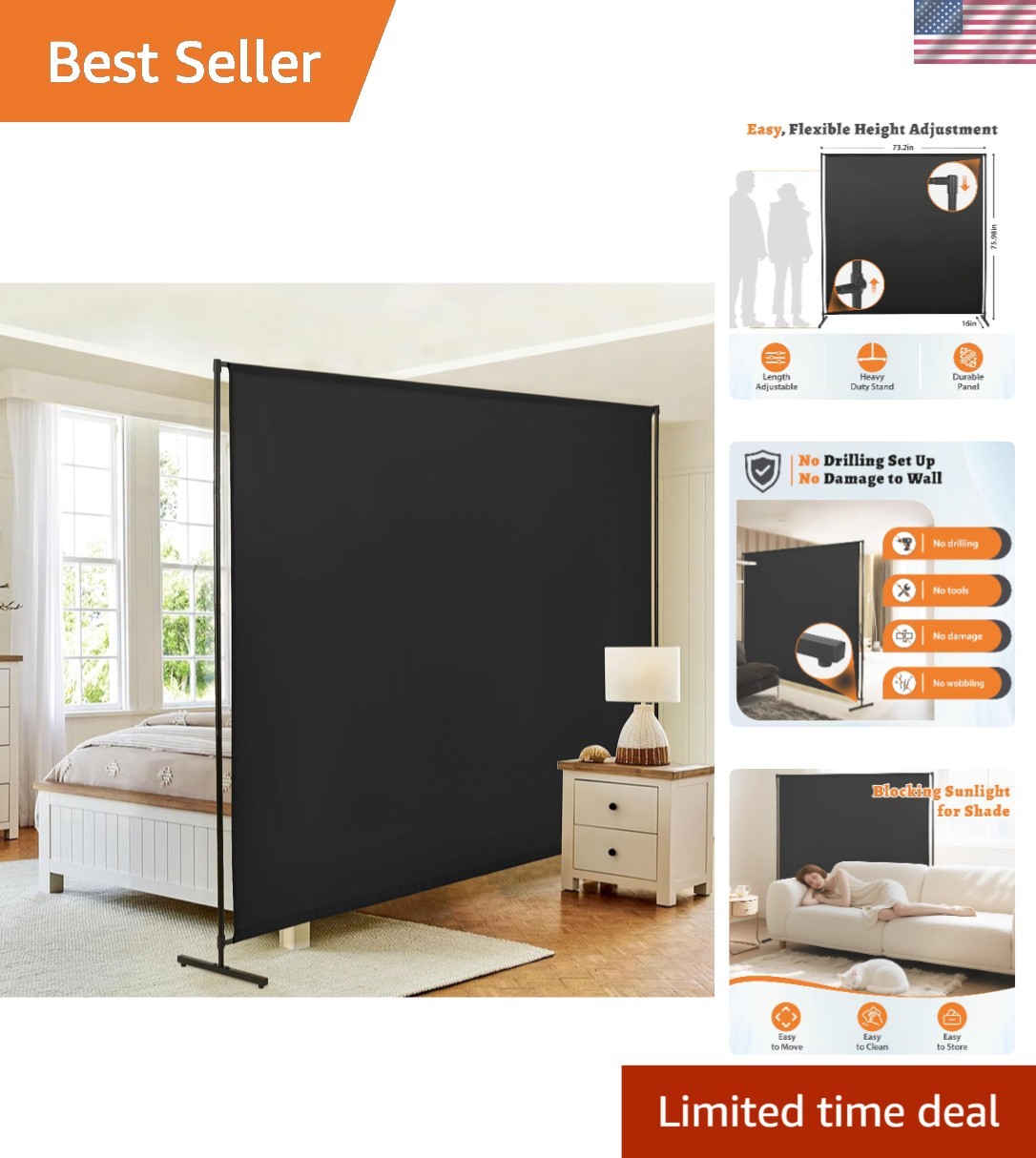 Room Divider Single Panel, 71”W x 71”H Height Adjustable Large Room Divider…
