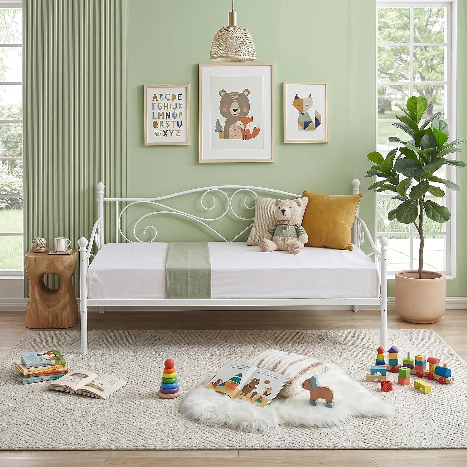 Daybed Frame, Twin Size Metal Platform Bed with Headboard,Heavy Duty Steel Slats