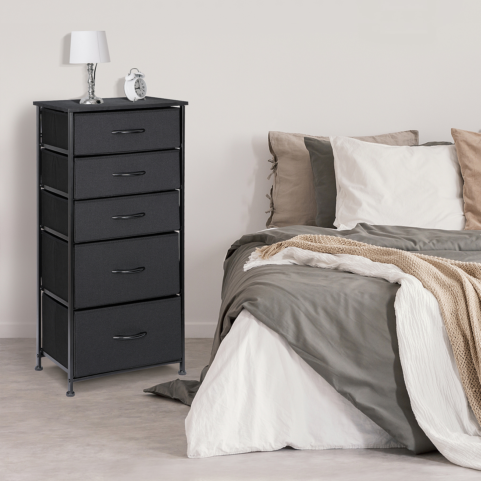 Fabric Dresser Storage with 5 Drawers Sturdy Metal Frame, Wood Top for Bedroom