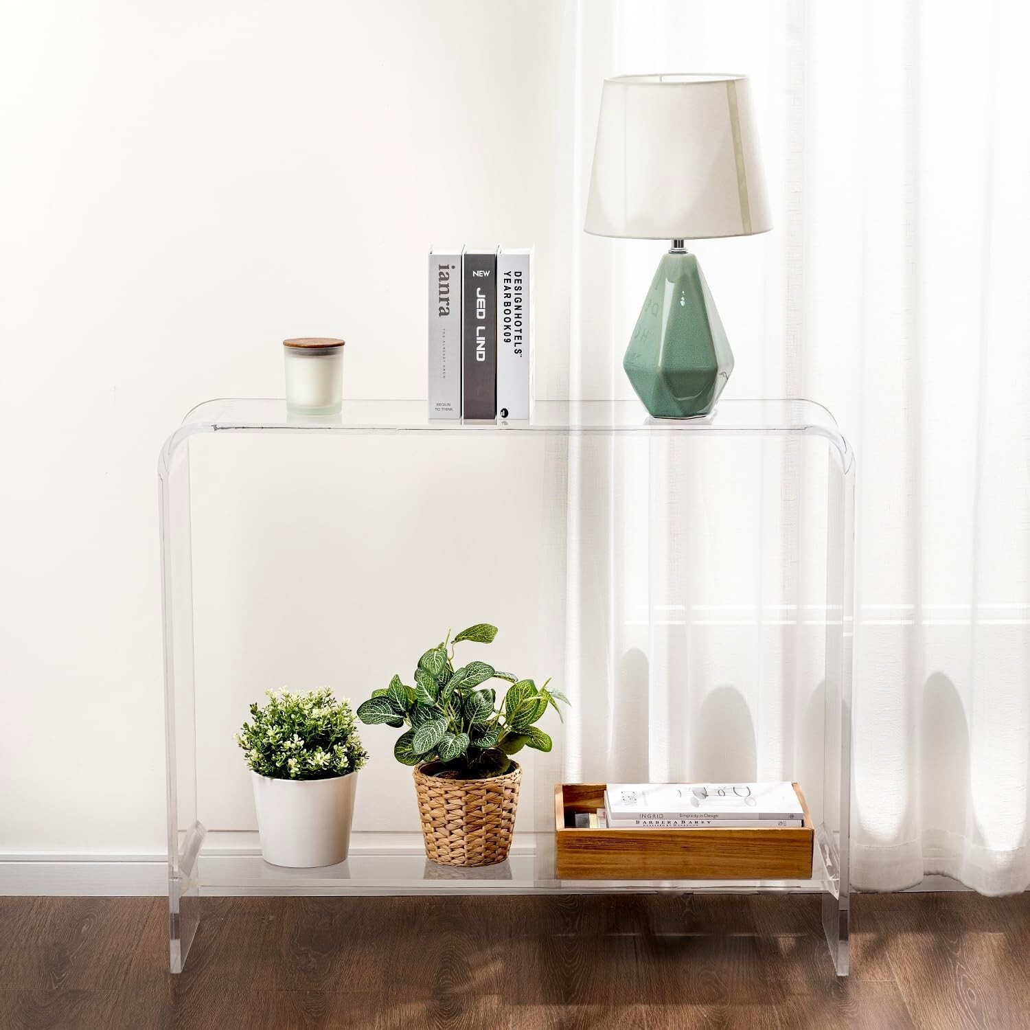 15mm Clear Acrylic Entryway Console Table, 2 Tier Living Room Storage Shelves