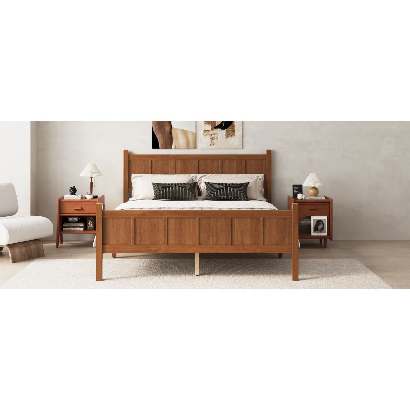 Queen Size Flat Panel Bed with Headboard Farmhouse Platform Bed Frame Walnut
