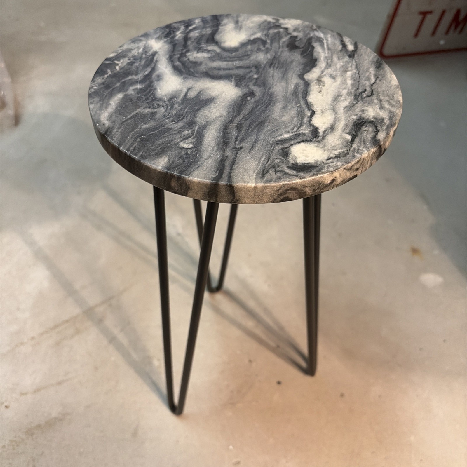 Gray Marble Top Plant Stand With Sturdy Iron Legs, 14.5 In Tall, 8 In Diameter