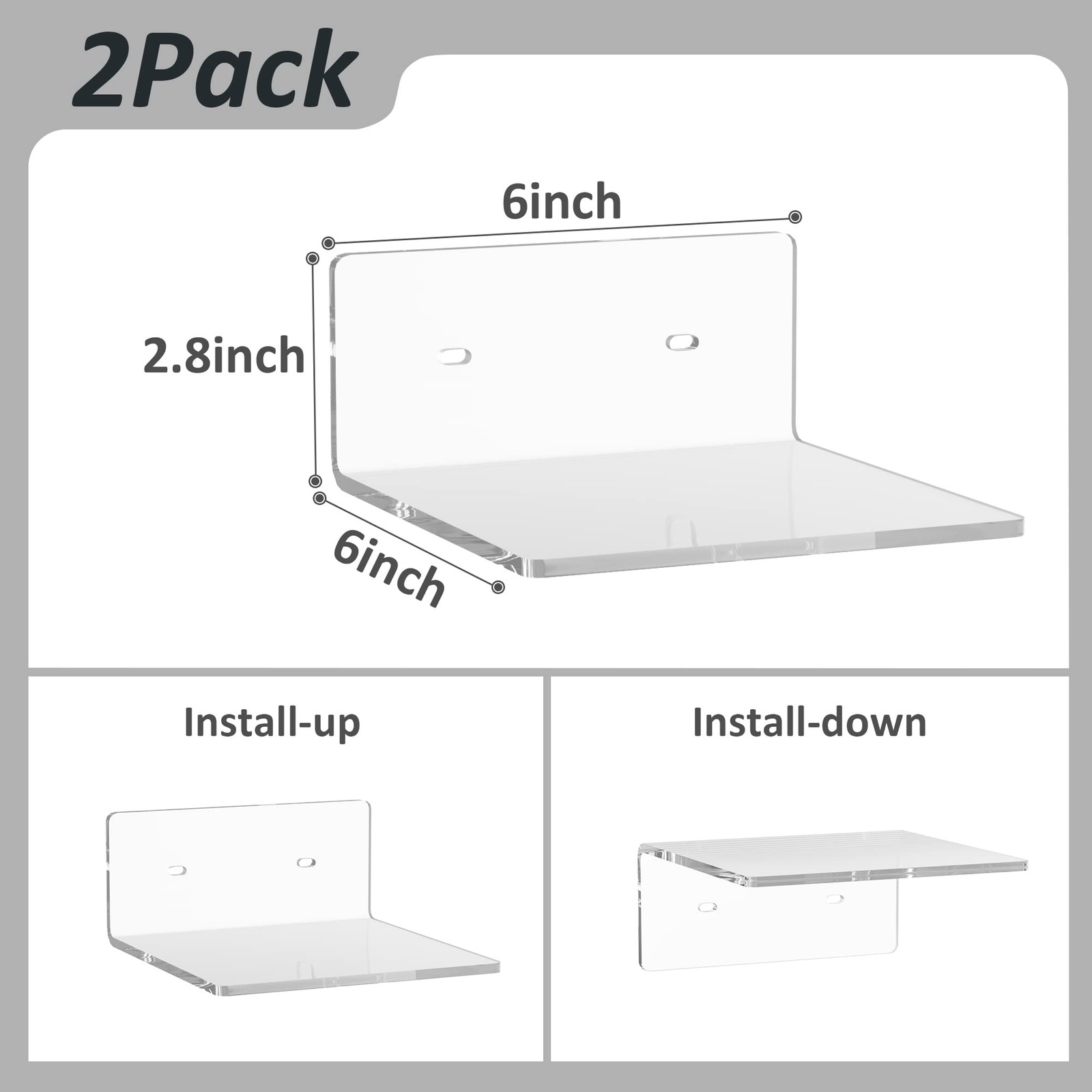 Sezanrpt 6 Inches Acrylic Small Wall Shelves 2 Pack, Floating Shelf for Wall Mou
