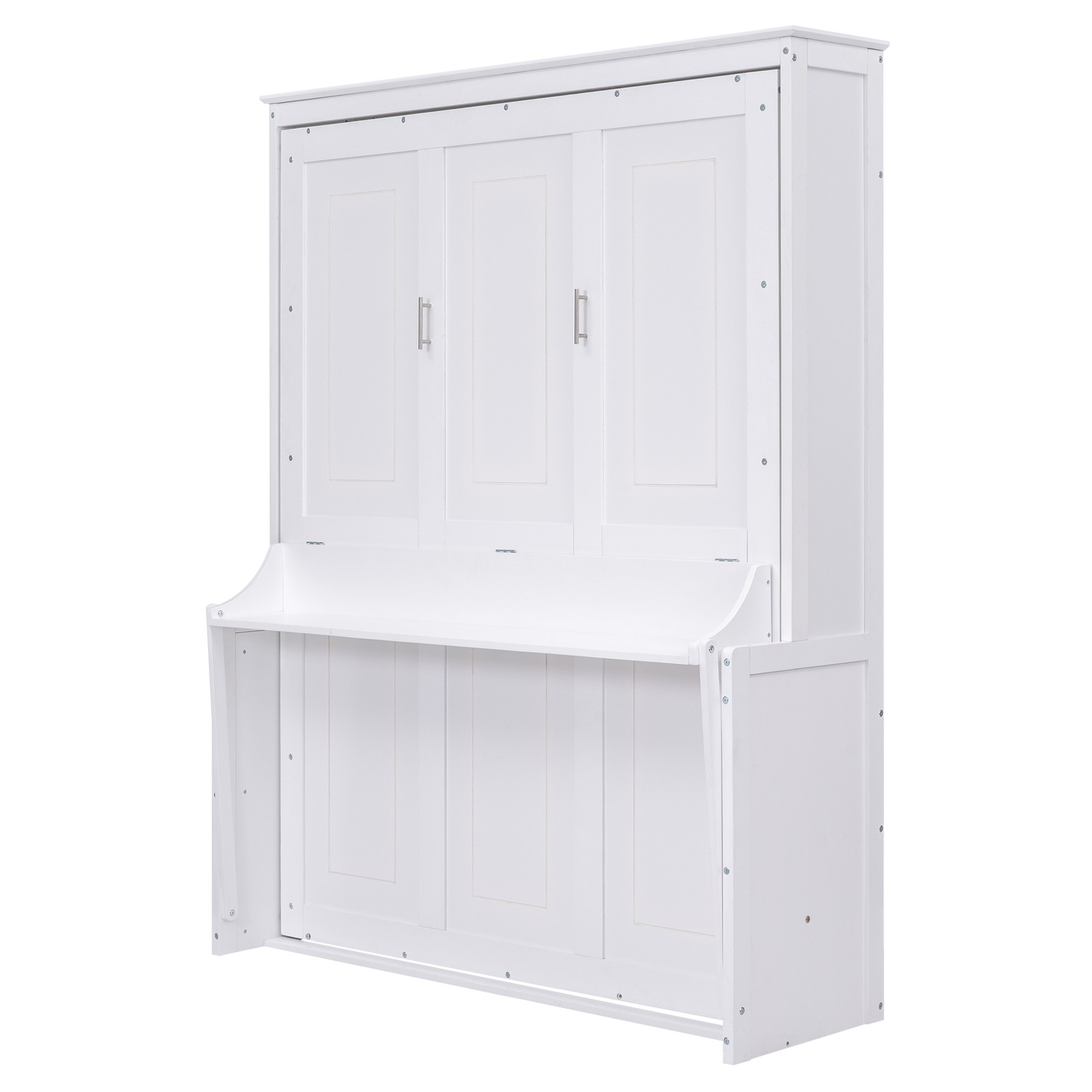 Queen Murphy Bed with Shelf, White, Solid Wood & MDF Frame
