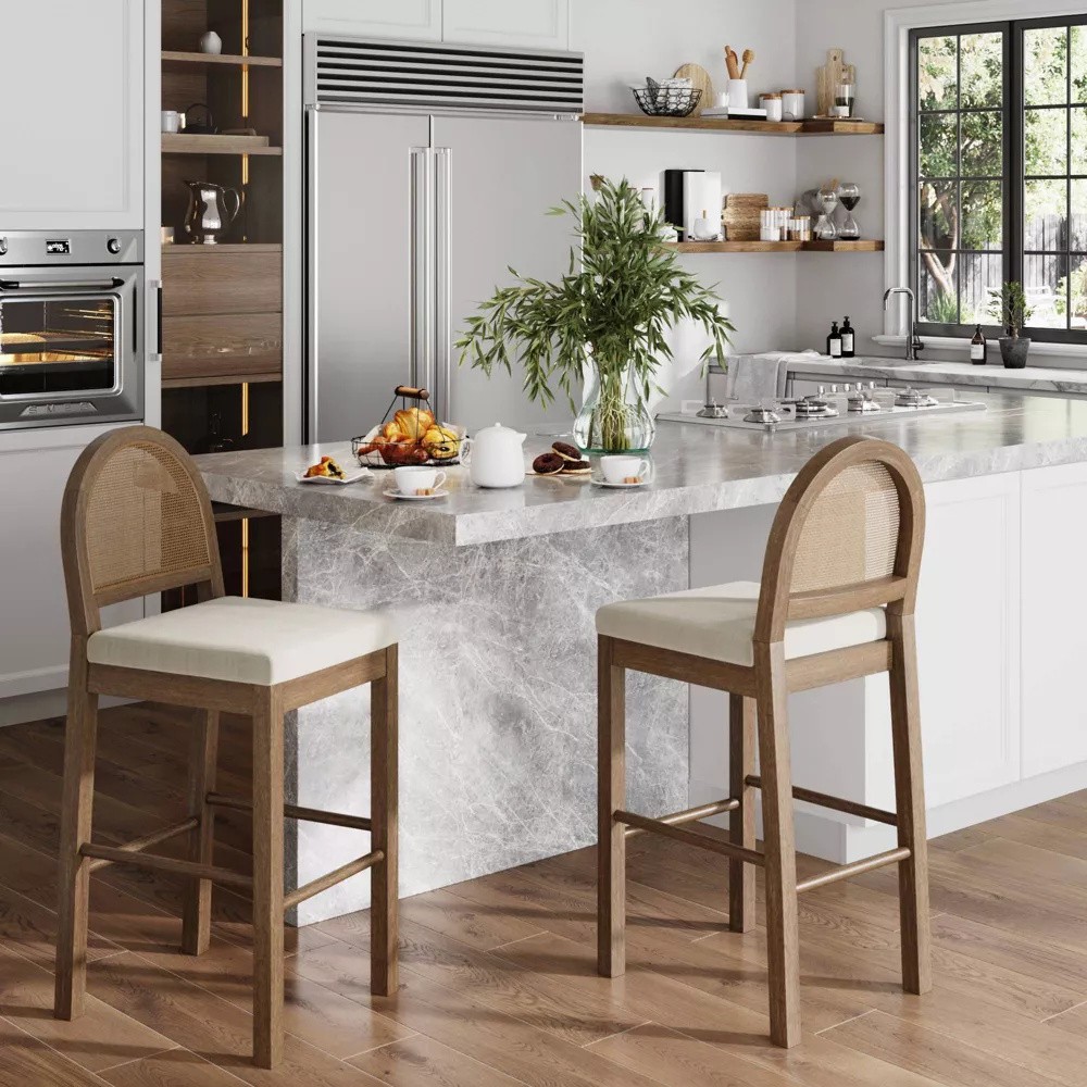 Nathan James Bailey Boucle & Rattan Barstool Stool Brushed Light Brown 29 inches
