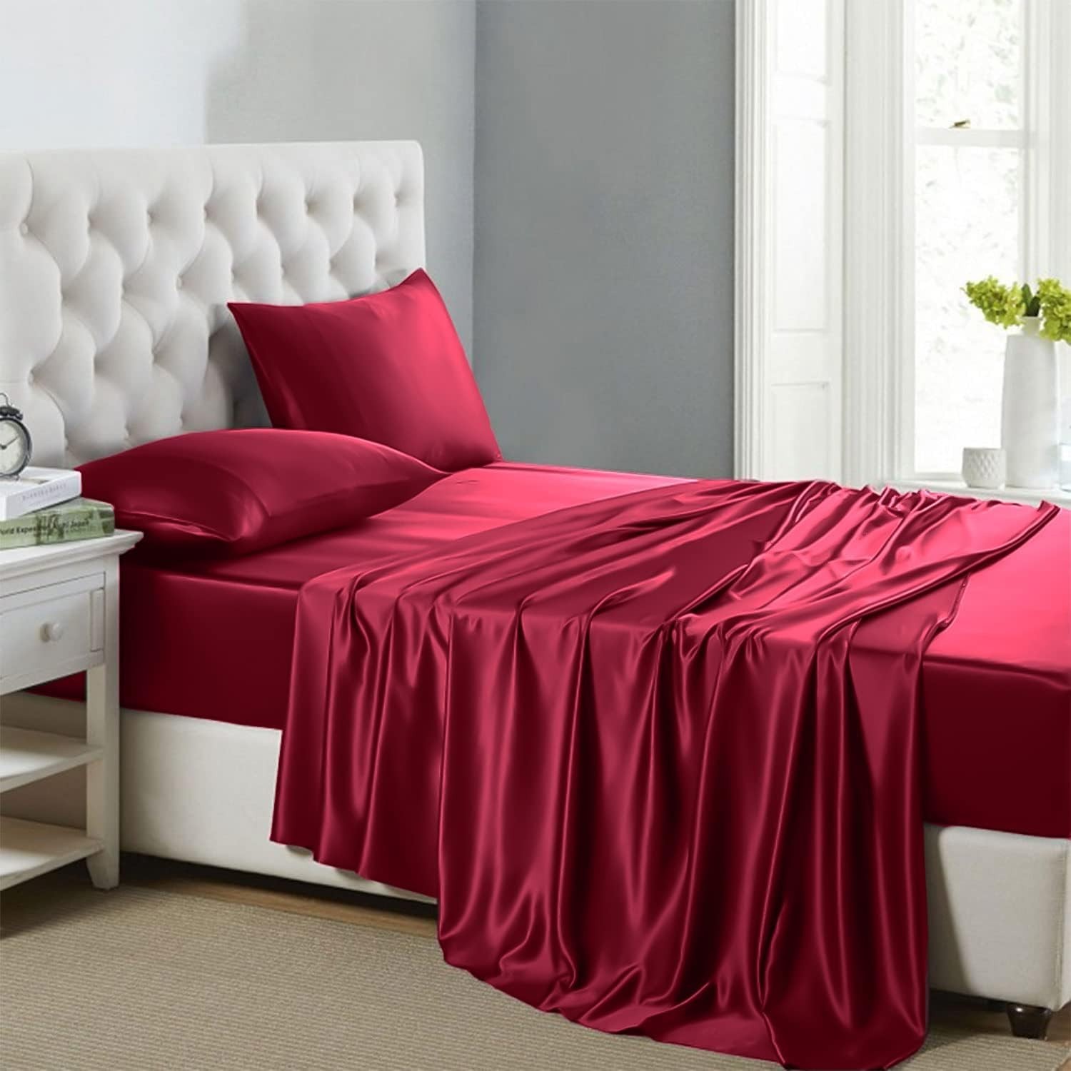 Super Single SHEET SET hard side WATERBED – Burgundy Bridal Satin ❤ unattached